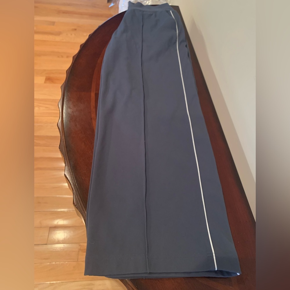 Athleta Wide Leg Navy Pants with White Side Stripe